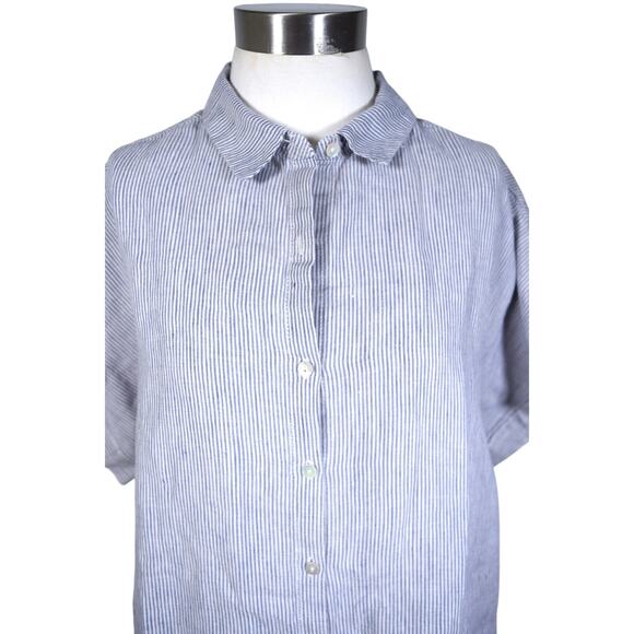 Tahari Linen Dress Size L Blue White Pin Strips Button up Shift Collar Shirttail - Picture 1 of 10